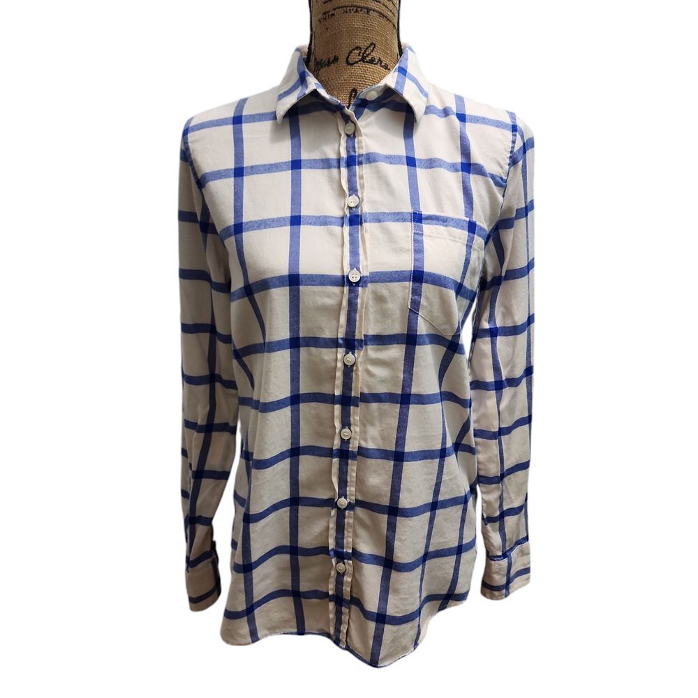 J.Crew Blue & White Plaid Cotton Button-Down Shirt Boy Fit Women's Size S